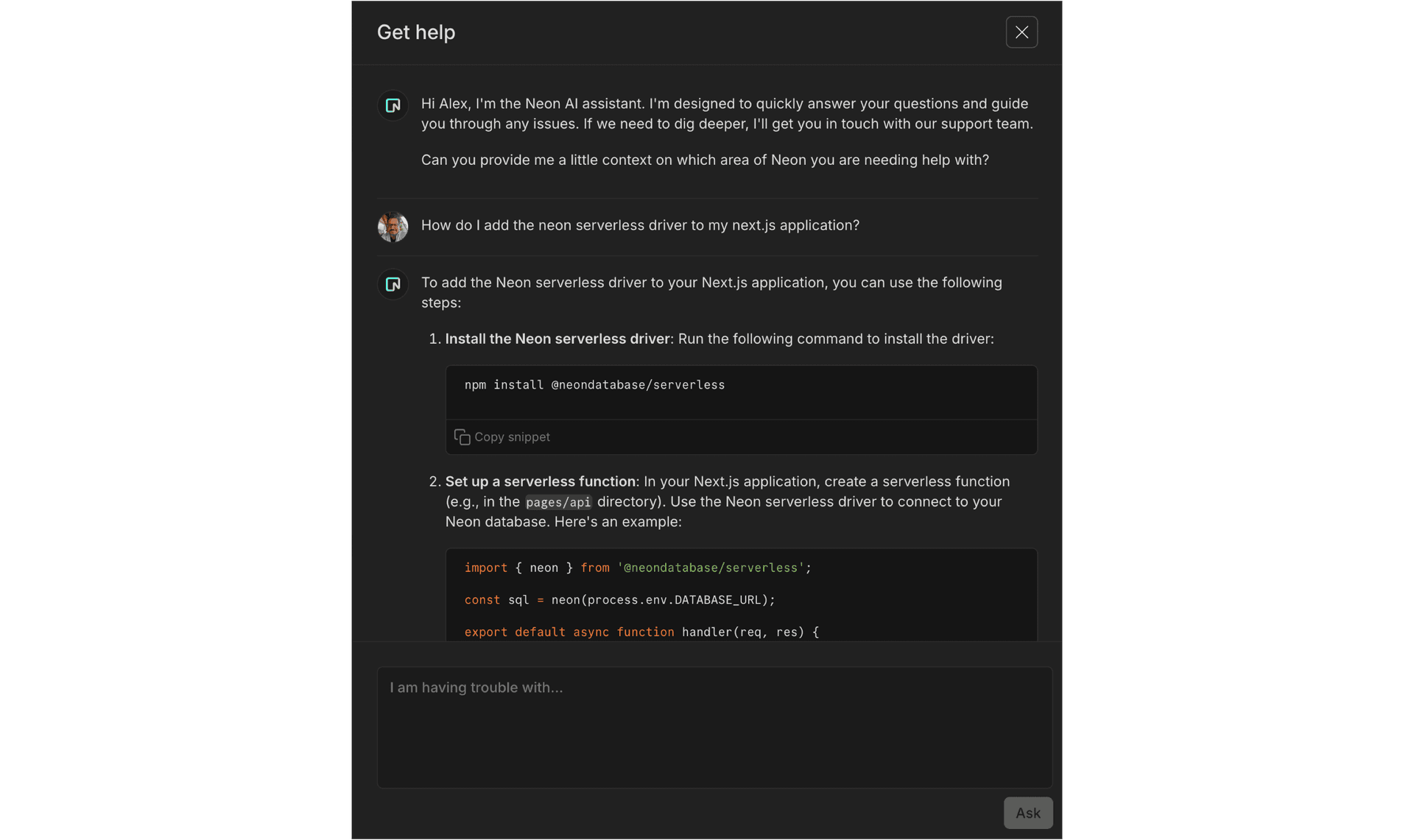 Neon AI Assistant in Console