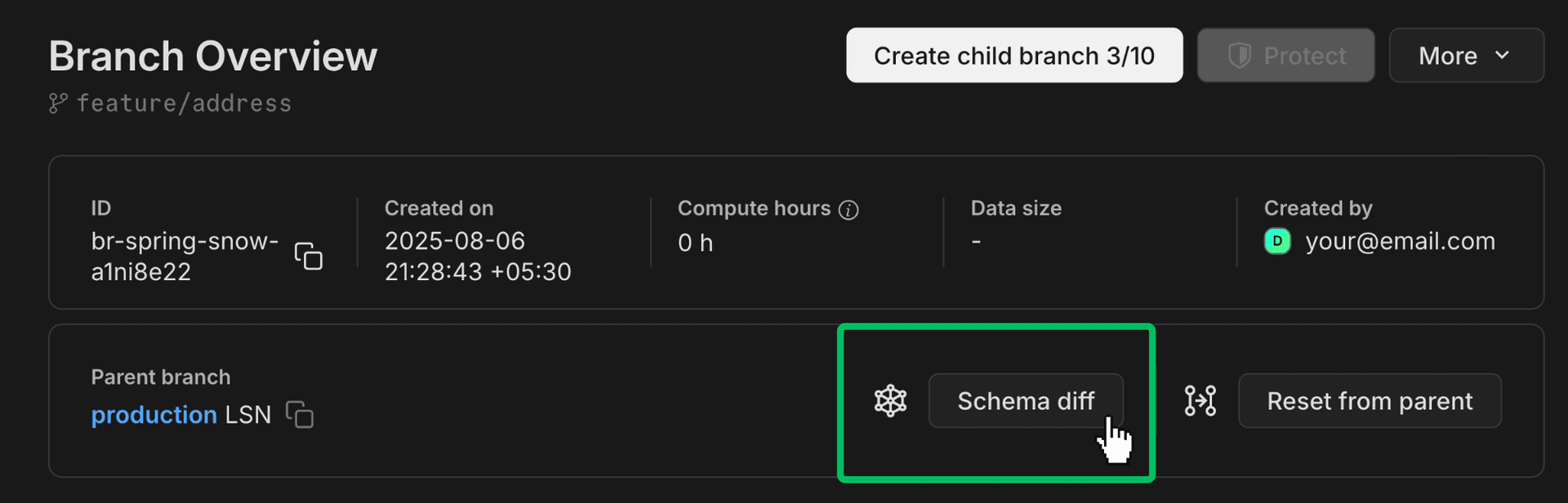 select branches for schema diff